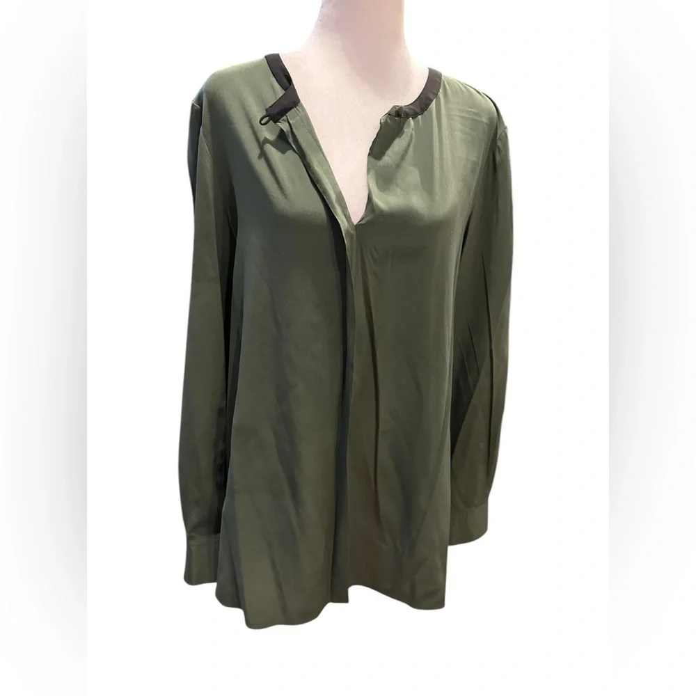 Tory Burch Chic Olive Green Blouse with Black Trim size 10